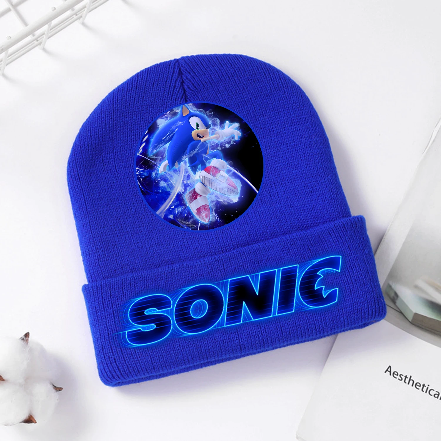 Sonic Strickmütze für Kinder, niedliche Cartoon-Anime-Strickmütze, Cartoon-blaue Kappen, Dekoration, modische Skullies-Mützen, Kindergeschenk