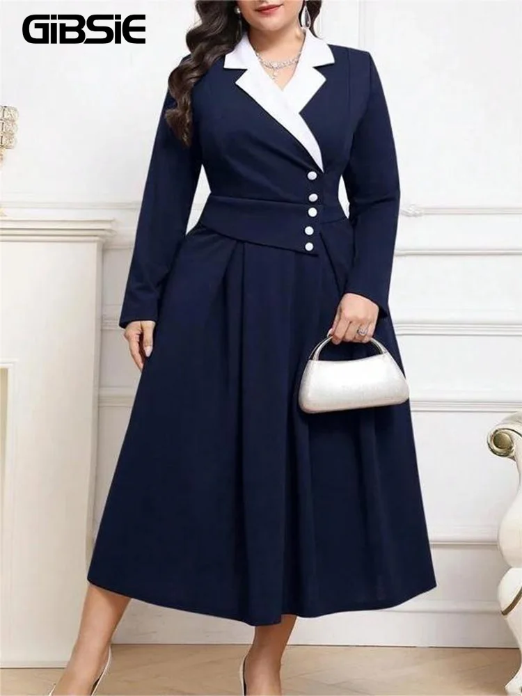 Gibsie plus size entalhado pescoço botão detalhe elegante vestido longo feminino 2025 outono cintura alta moda escritório senhoras vestidos de linha a