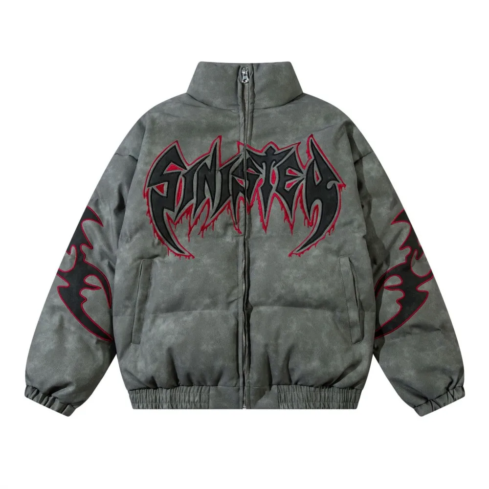 

American Padded Mens Jacket with Letter Embroidery, Winter Thickened Cotton Windproof Woman Parka, Hip Pop Y2k Mans Coat