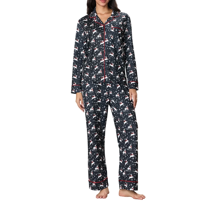 Christmas Elk Print 2 Piece Pajamas Set Button Shirt + Wide Leg Pants for Women Loungewear Comfy Soft Sleepwear Festival Costume