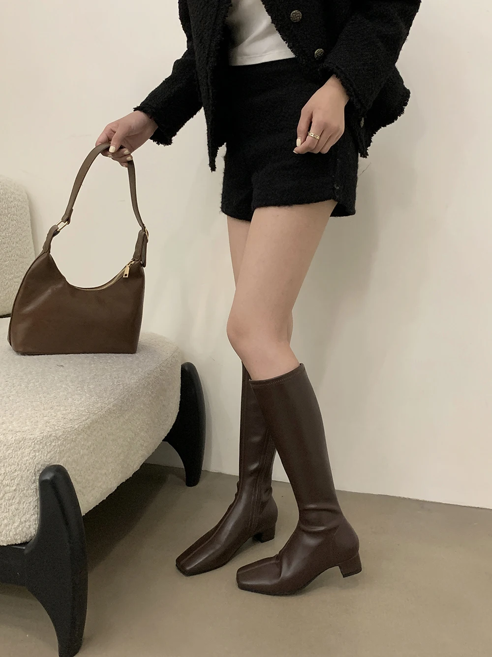 Square Toe Women Knee High Boots 2024 New Arrivals Thick Flat Mid Heels Black Beige Brown Khaki Winter Dress Shoes Woman Size 40