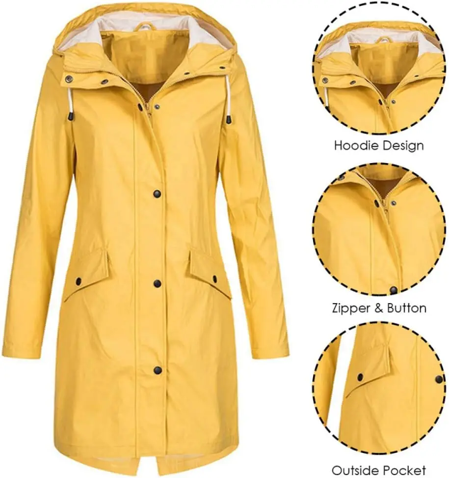 2024 New Arrival Women Clothes Solid Rain Waterproof Jacket Coat Outdoor Hoodie Long Overcoat Plus Size Duster Coats For Women