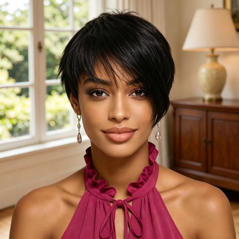 Short Asymmetrical Bob Wig Human Hair, Full Machine Made Irregular Side Lengths Pixie Cut Wig for Women, Natural Black Short Hum