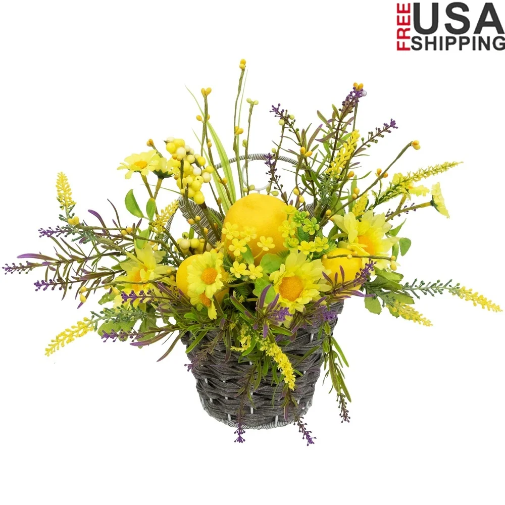 

Artificial Floral Hanging Wall Basket with Lemons and Daisies Spring Decor Home Office Indoor Use 12 Inch