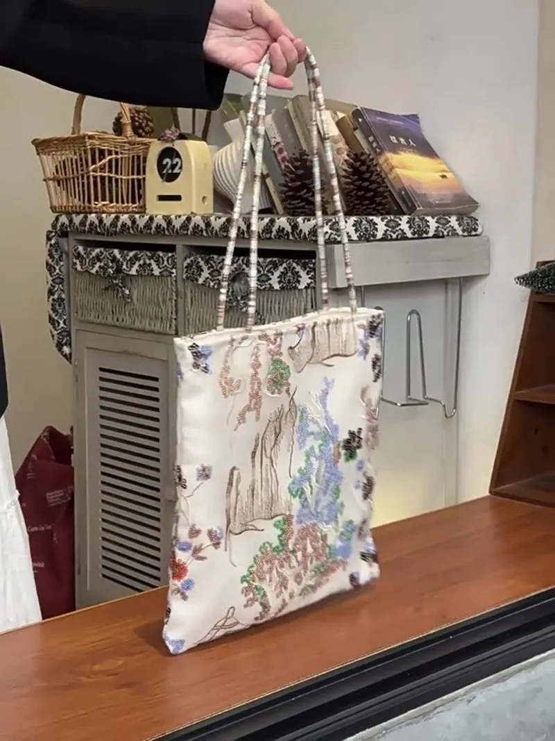 

Fashion Shopping Large Capacity Handbag Student Girls Bead Embroidered Tote Flower Printed Women's Shoulder Bags