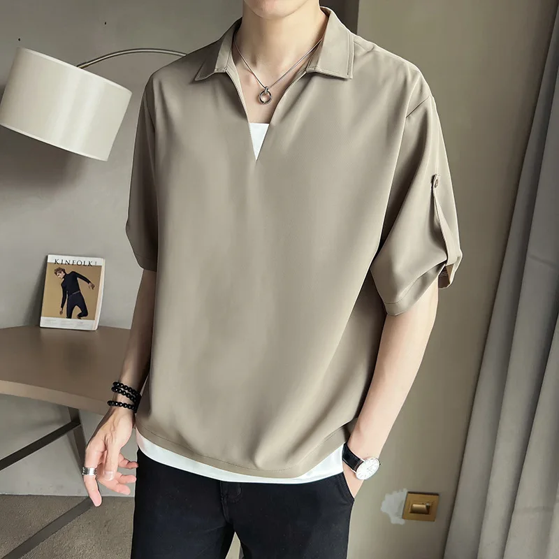 Fake Two Piece Shirts Men Summer Breathable Comfortable Simple Advanced Daily Leisure Handsome Korean Commuting Style Panelled