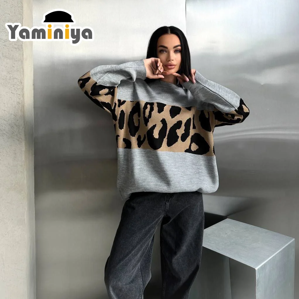 Sweter zimowy z długim rękawem O-Neck Casual Print Stitching Leopard Damski sweter z dzianiny w panterkę Luźna dzianina znosić 2024 NOWOŚĆ