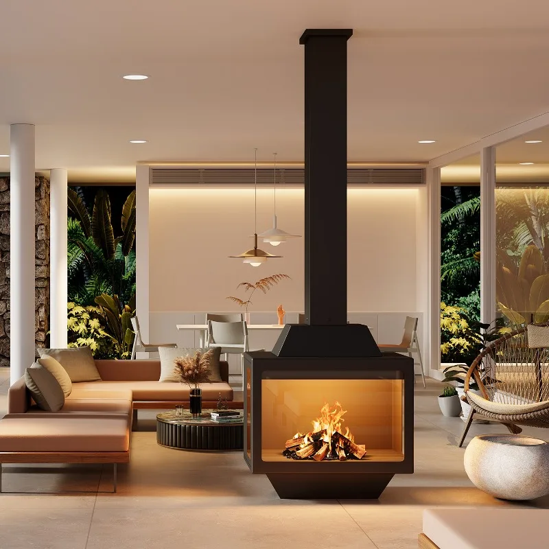 High-end custom three-sided viewing furnace hanging fireplace alcohol real furnace burning wood heating electronic 3D atomizatio