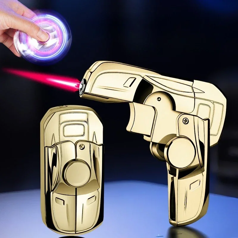 

Fashionable Butane Gas Lighter Folding Gyro Racing Style Windproof Inflatable Lighter Red Flame Rotating Decompression Play Gift
