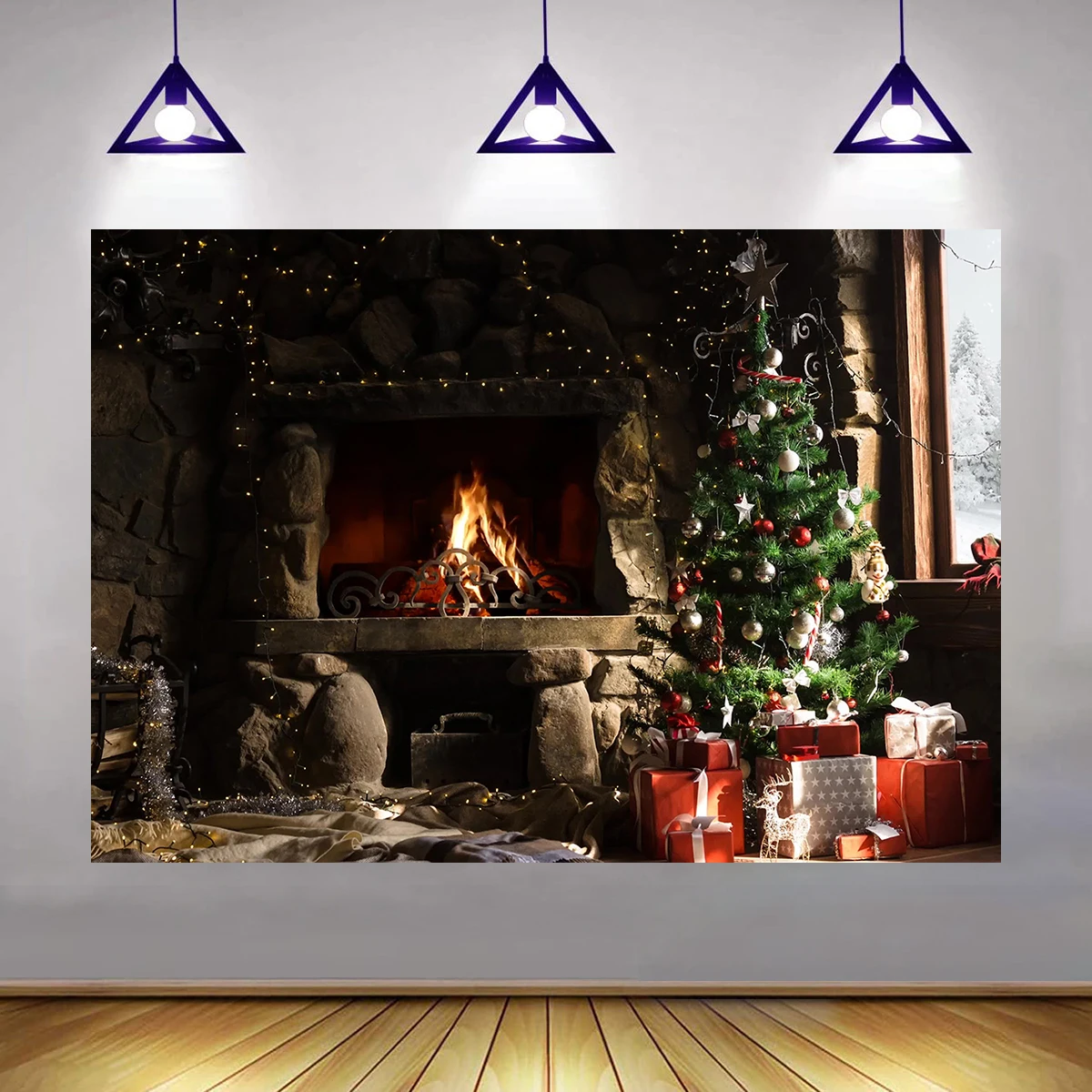 

Merry Christmas Xmas Tree Fireplace Window Backdrop Photography Santa Claus Present Background Party Banner Festival Decorations