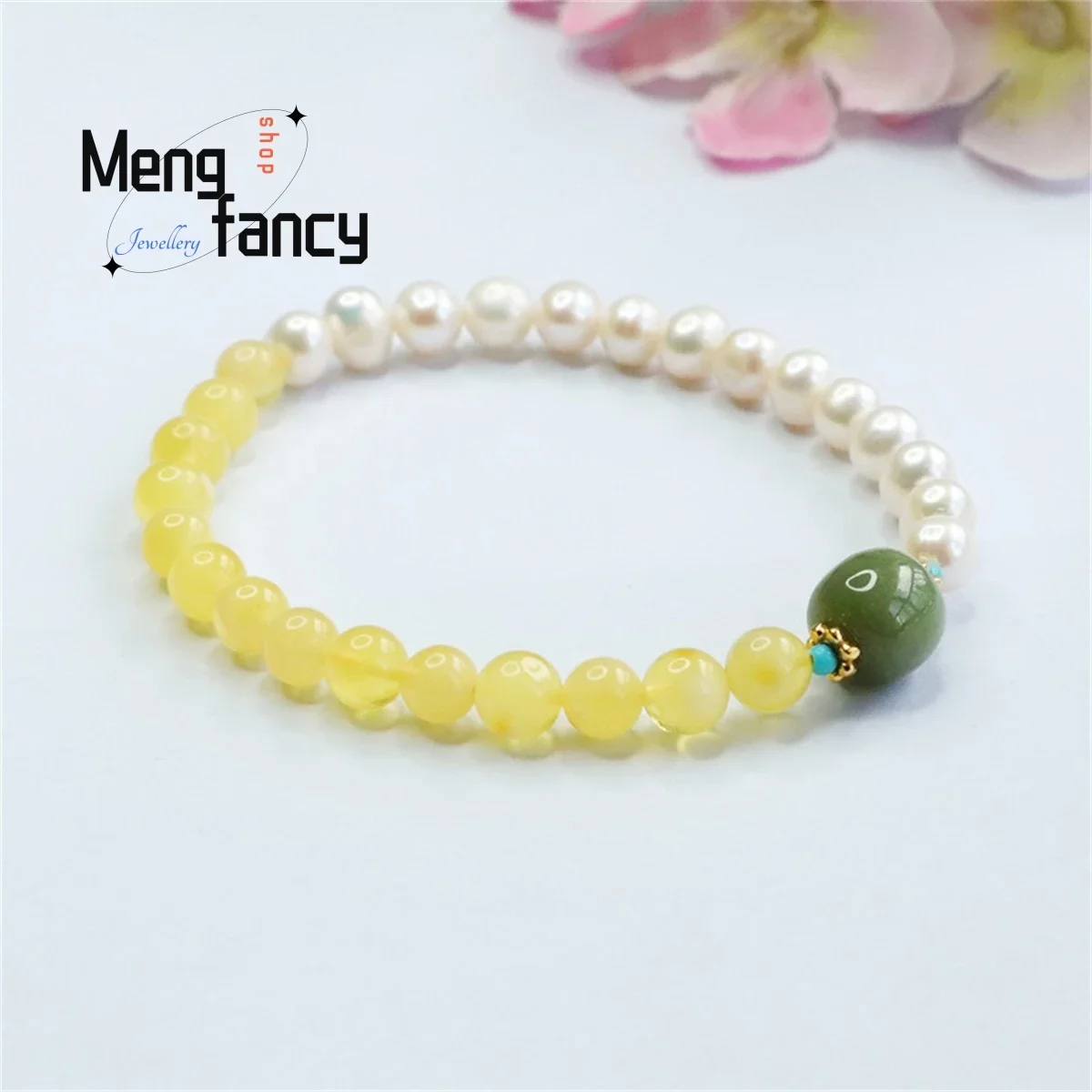 Natural Honey Wax Chicken Oil Yellow Amber Pearl Hotan Jade Old Style Beaded Bracelet Simple Fashion Luxury Women Fine Jewelry