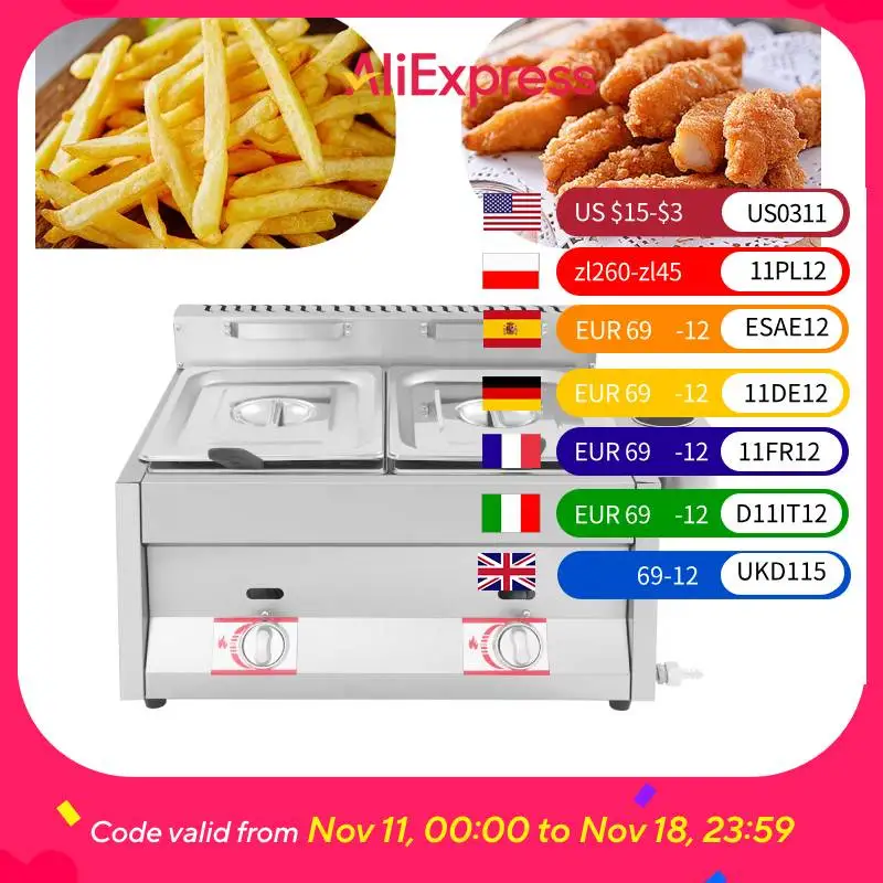 

6L Gas Deep Fryer with Basket and Lid Stainless Steel Commercial Dual Tank Deep Fryer 50-380°C Used To Fry French Fries, Chicken
