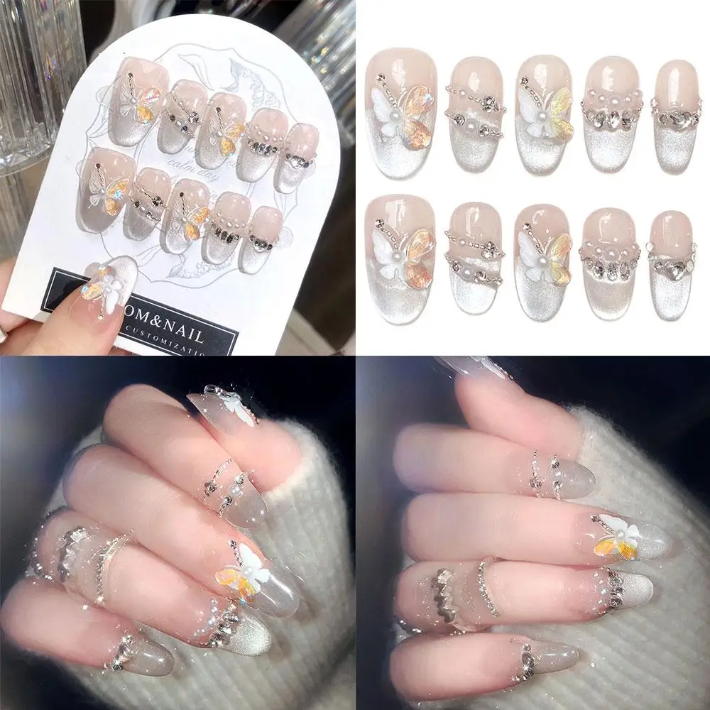 

24Pcs Sparkling Fairy Fake Nails Rhinestone Decorative Handmade Cat Eye False Nails 3D Butterfly Luxury Summer Nail Art Set