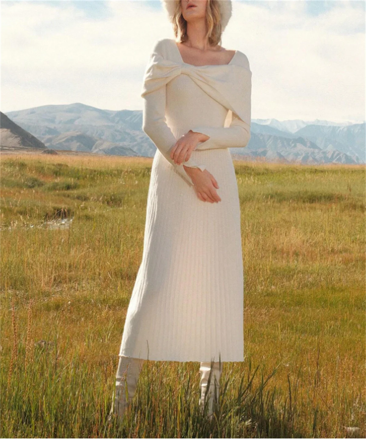 

Elegant White Knit Prom Dress Fashion Square Neck Slim Long Sleeve Bow Evening Dress 2024 Newvestidos para eventos especiales
