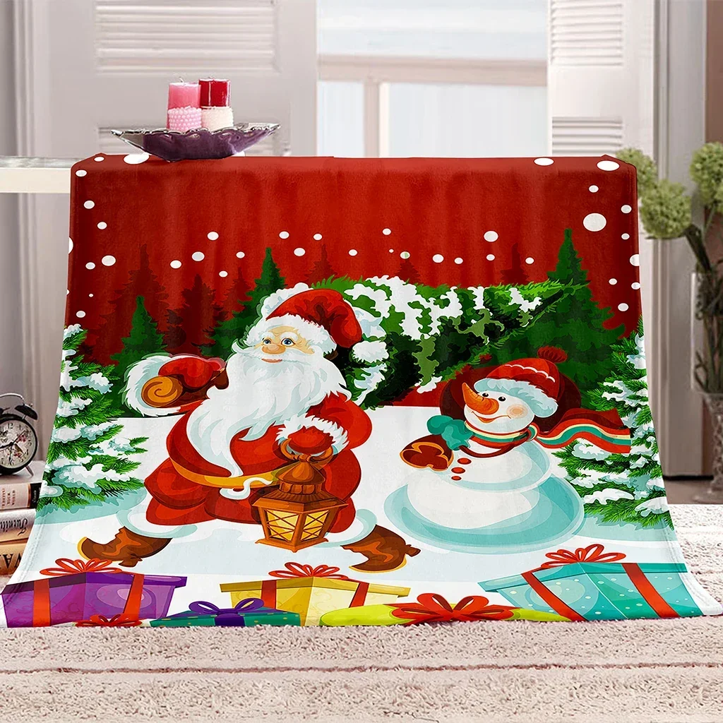 Blue Snow Santa Claus Red Happy New Year Marry Christmas Soft Warm Polyester Throw Flannel Blanket for Couch Bed Travel Cover