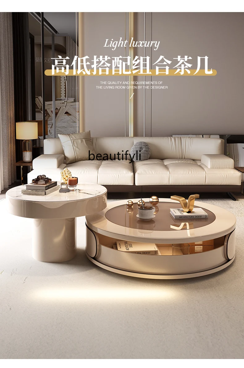 

Round coffee table high and low combination customer new home rock slab size apartment simple living room glass tea table