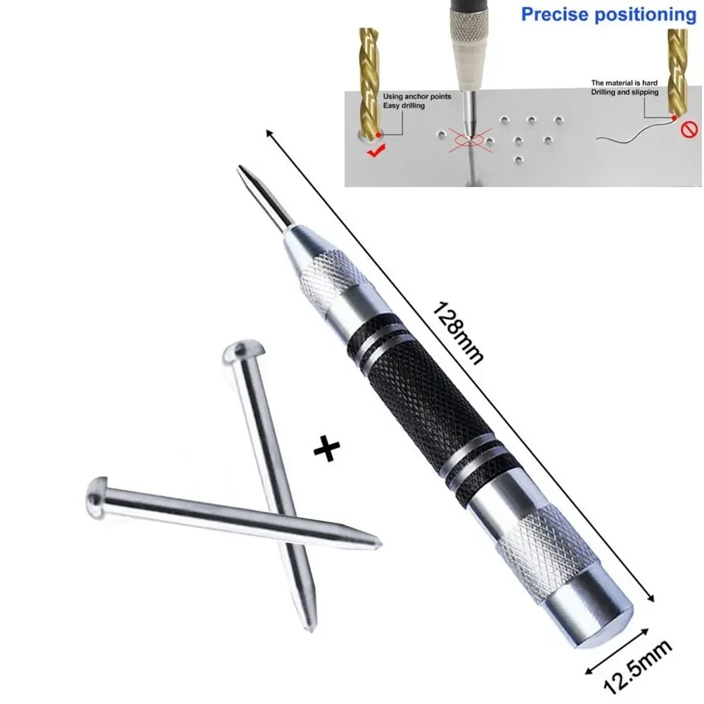 Automatic Center Punch Woodworking Carbon Steel+alloy Steel Dot Punch Spring Loaded With 2 Pcs Spare Punch 1 Pc