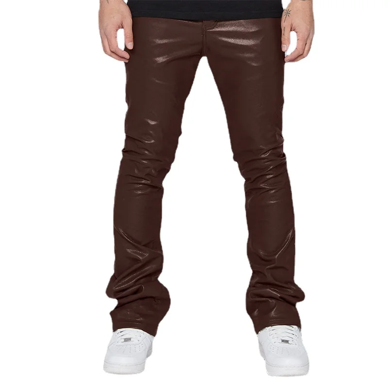 New Men Small Elastic Imitation Leather Pants Black / Burgundy / Brown Fashion Male High Street Casual Motorcycle Trousers