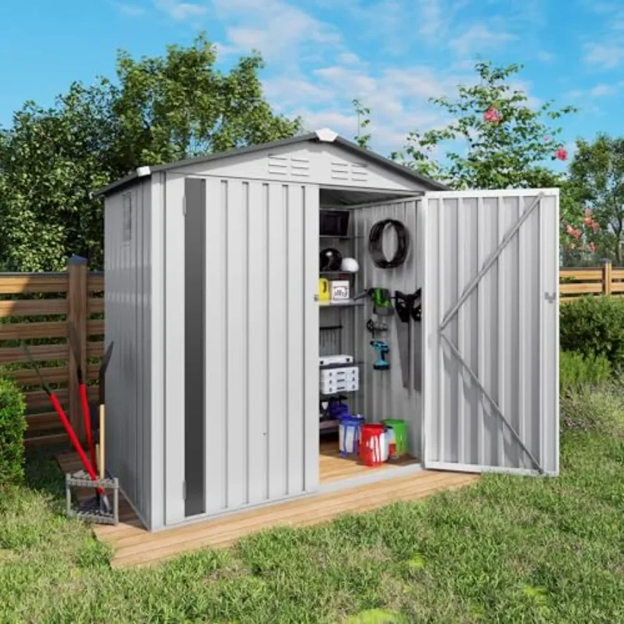 Outdoor garden storage shed, galvanized steel, gray, waterproof and lockable for backyard, patio, lawn use