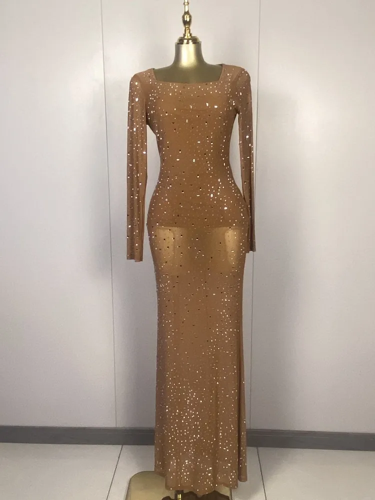 

New Women Sexy Long Sleeve O Neck Beading Brown Midi Bodycon Dress 2025 Elegant Evening Club Luxury Birthday Party Dresses
