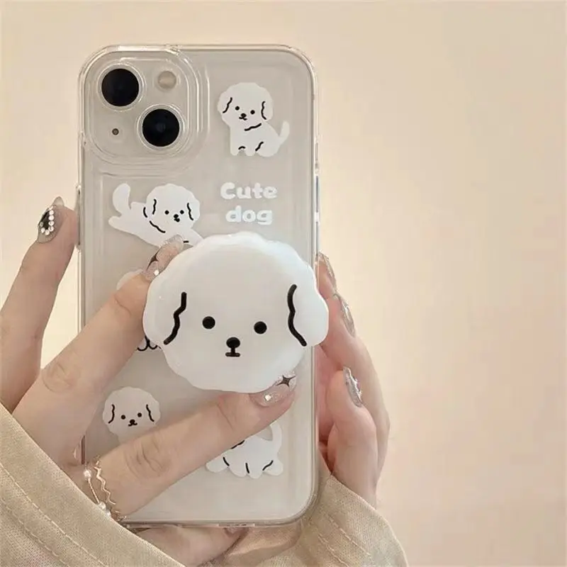 For iPhone 12 Pro 11 13 Mini 14 15 16 Pro Max XS X XR 7 8 Plus SE 2020 Cute Dog Grip Holder Transparent Phone Case