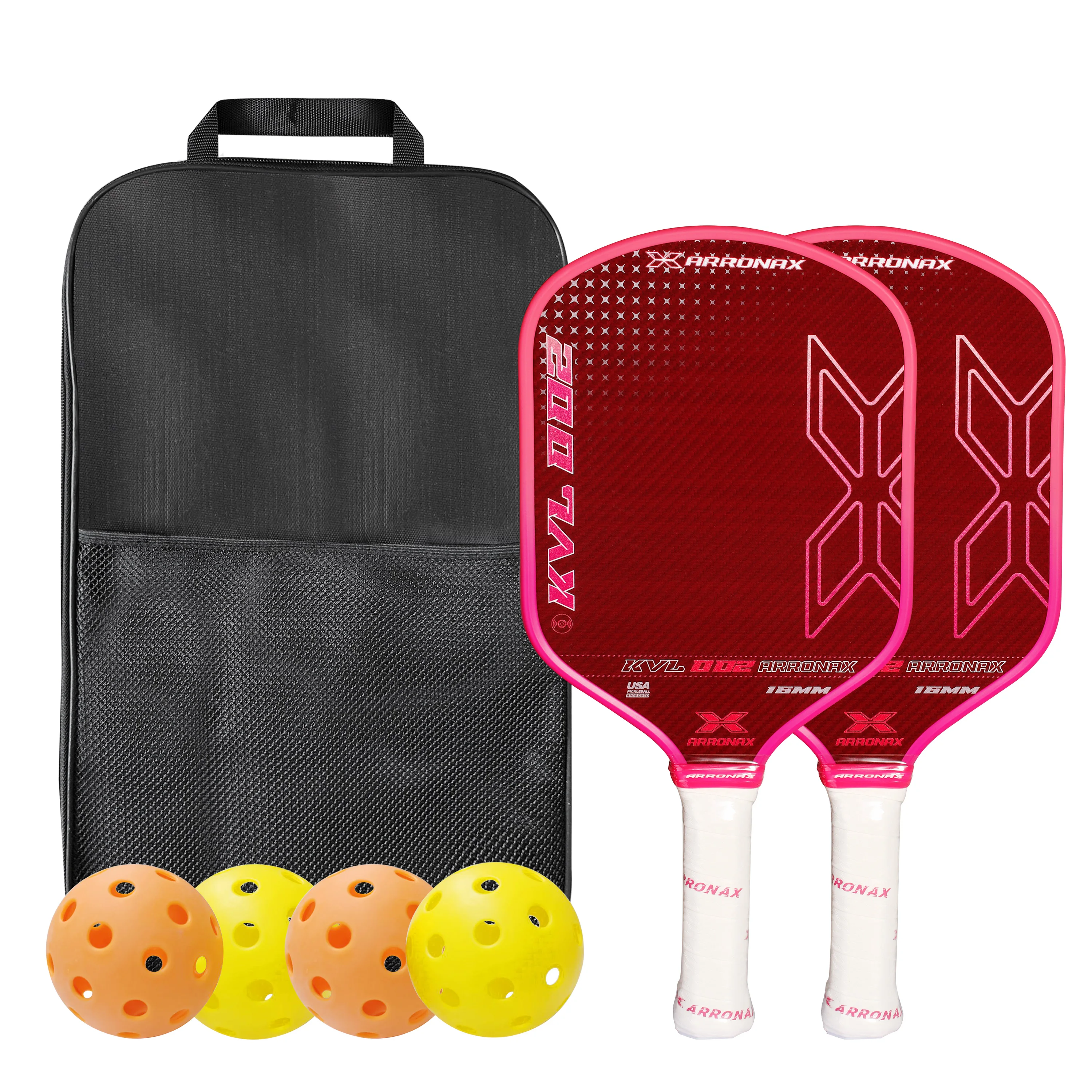 ARRONAX-Red Aramid Fiber Pickleball Racket Set, EVA Foam and PP Core with 16mm Polymer Hexa Core Pickle Ball, USAPA Gen, 3 Core