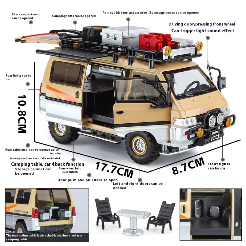 1:24 Mitsubishi Delica Off Road Four Wheel Drive MPV Diecast Alloy Metal Car Model Sound & Light Classic Simulation Collectibles