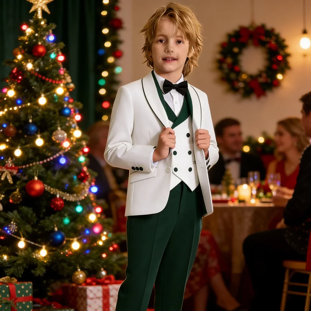 

New Green Boys Shawl Lapel Suit Set 4 Pieces Formal Classic Kids Slim Fit Tuxedo Wedding Ring Bearer Outfit Christmas Suits