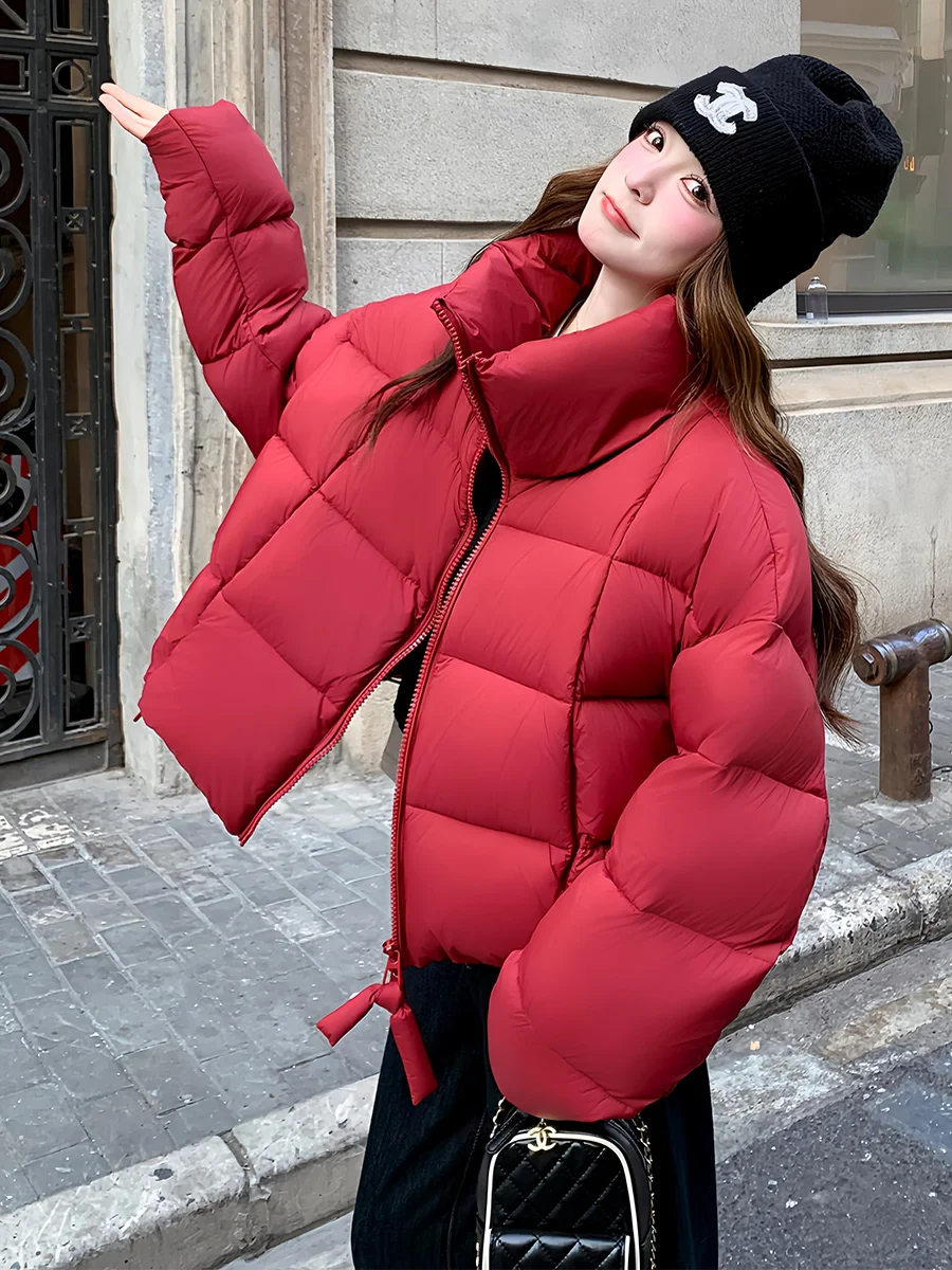 

Korean Sle Red ort Women's down Jaet 90 White Du Feather Warm Winter New Loose Coat Small Size Puffer Coat