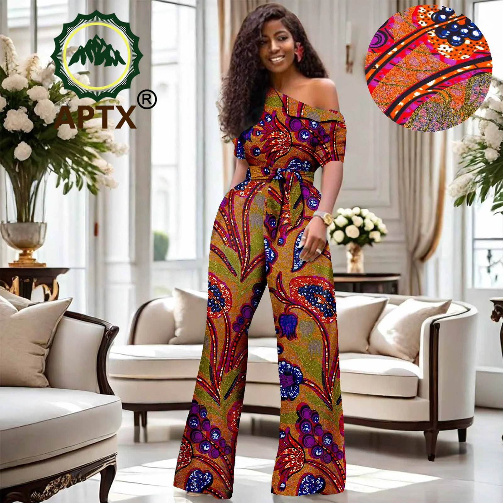 African Women\'s Dashiki Printed Skew Collar High Waisted Cotton Jumpsuit Dashiki Fashion One Piece Suit Set