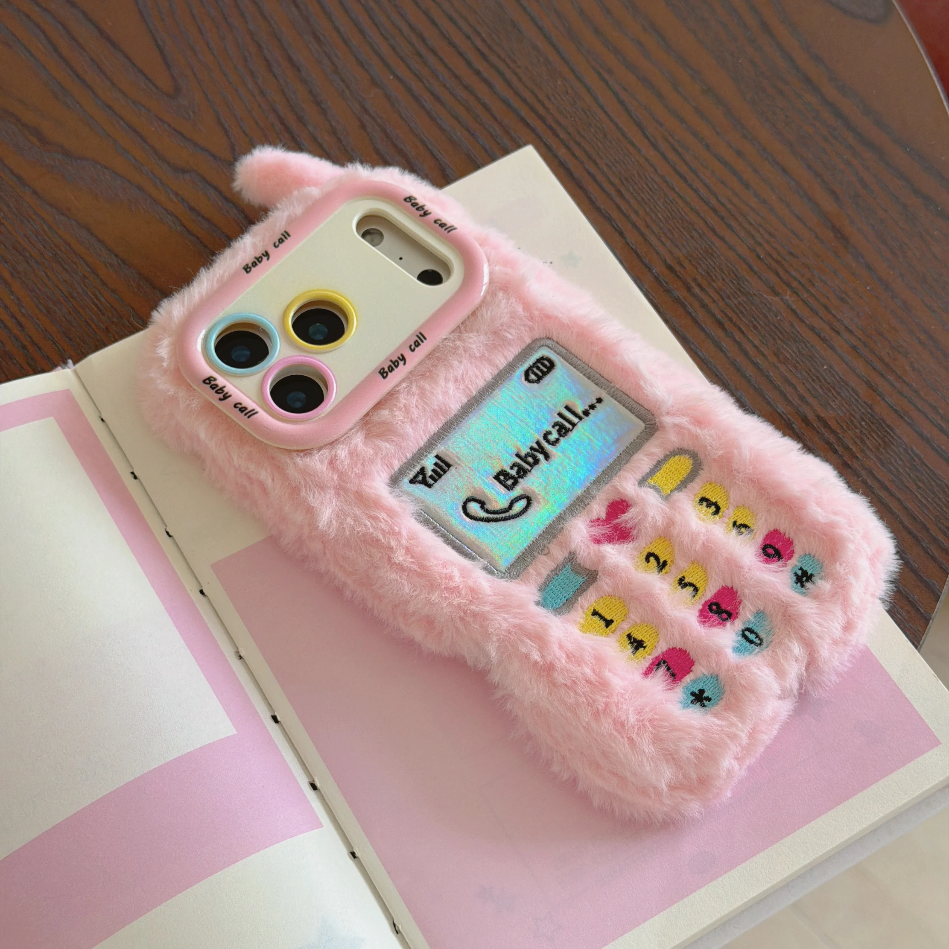 Cute 3D Retro Baby Call Plush Phone Case & Lens Kickstand Fluffy Fur Shockproof Cover for iPhone 11-17 Pro Max Winter Girly Gift