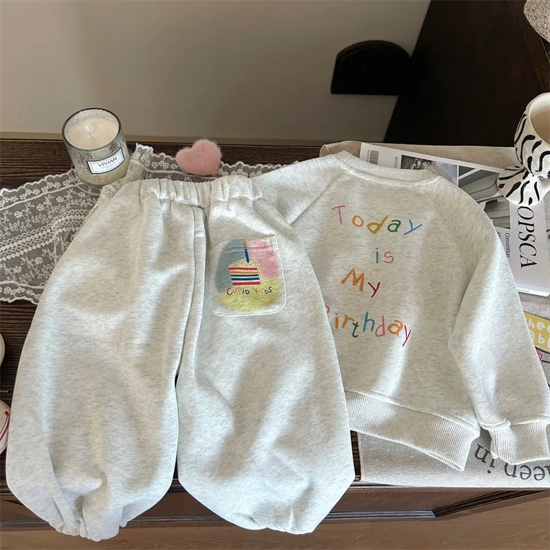 

Children's Clothing New Autumn Girls' Gray Sweatshirt and Sweatpants Set Stylish Casual Two-Piece Outfit for Kids Trendy