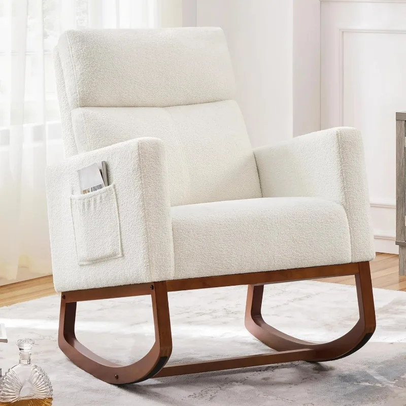 Upholstered Rocking Chair, Boucle Glider Chair Nursery Chair with High Back and Side Pocket, Rocking Accent Armchair