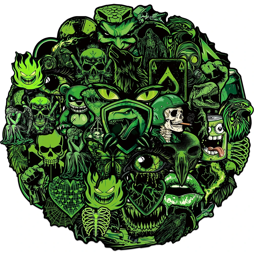 10/30/50pcs Cool Cartoon Green Skull Monster Graffiti Stickers DIY Stationery Luggage Phone Car Waterproof Sticker for Kids Toys