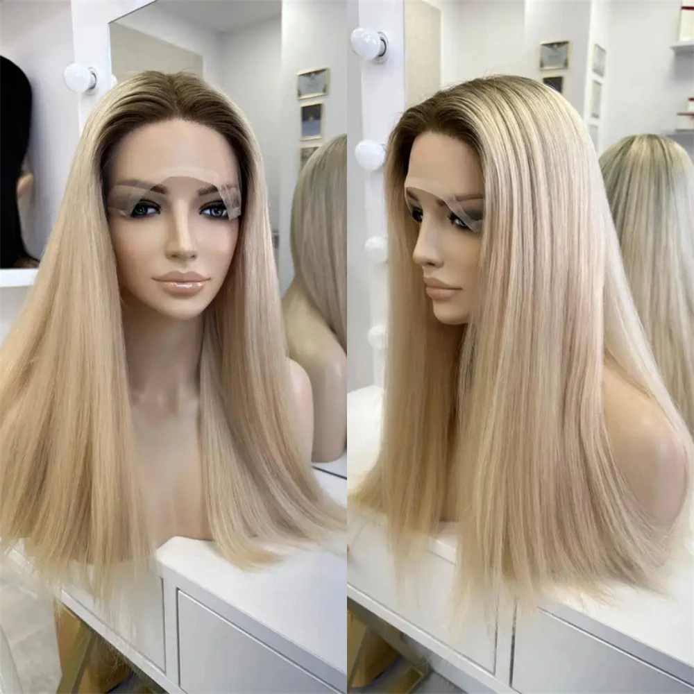 Middle Part Ombre Light Blonde Highlights Synthetic HD Lace Front Wig Heat Resistant Fiber Preplucked Hairline with Baby Hair