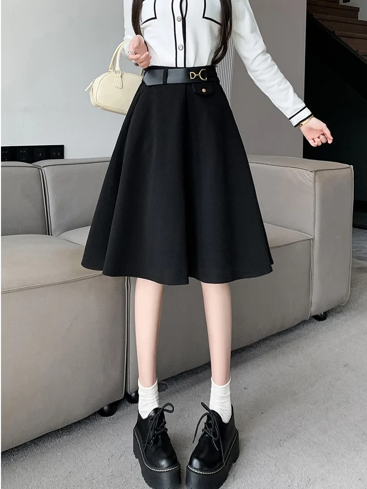 Caramel Woolen A-Line  Skirt Women's High Waist Autumn Winter Hepburn Sle Umbrella Skirt Small Size Versatile Mid-Lengt...