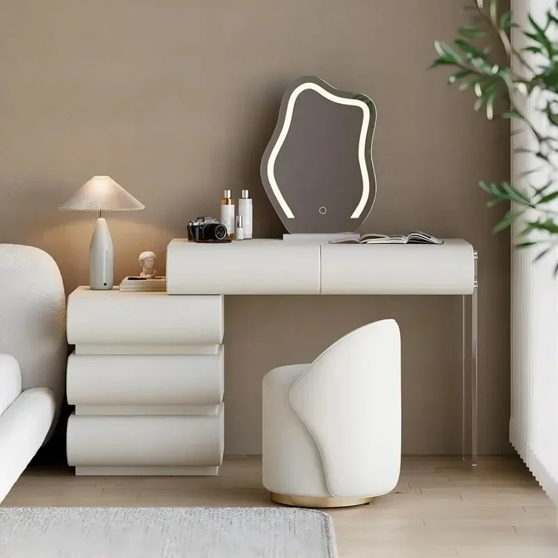 

Contemporary Dressing Table with LED Mirror, 5 Storage Drawers, and Stool, White PU Leather Finish for Bedroom