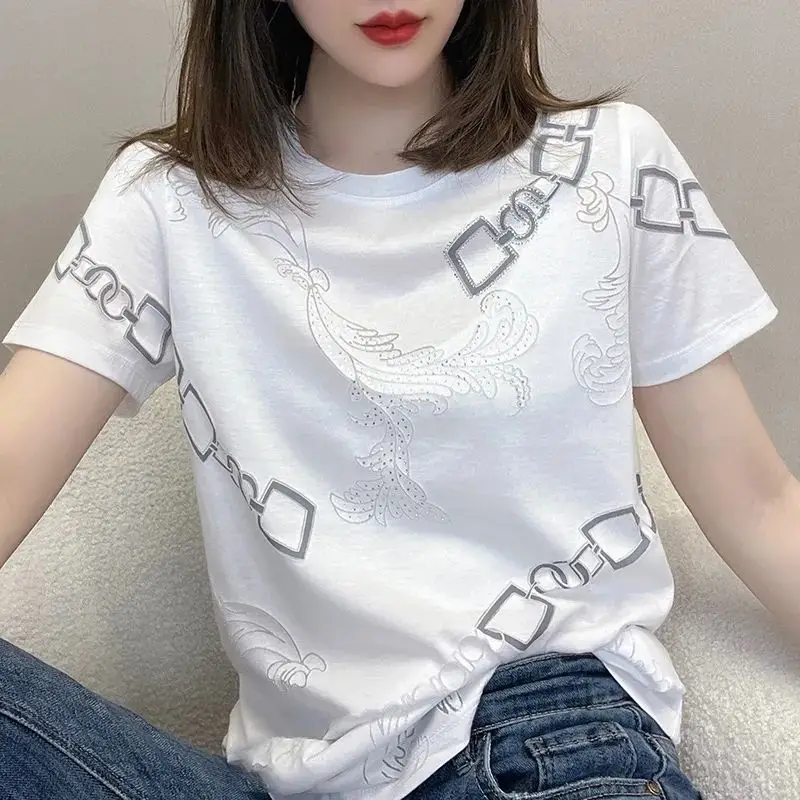 2024 Summer Korean Fashion Round Neck Loose Casual Chain Printing Tee Women Short Sleeve All-match Pullover T-shirt Female Tee