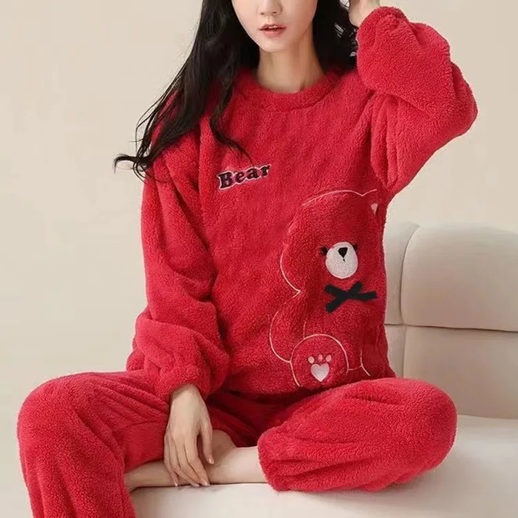 Fleece Thick Warm Women\'s Pajamas Set Winter Sleepwear Casual Solid Top and Print Cartoon Soft Pijamas Set for Women Home Suit