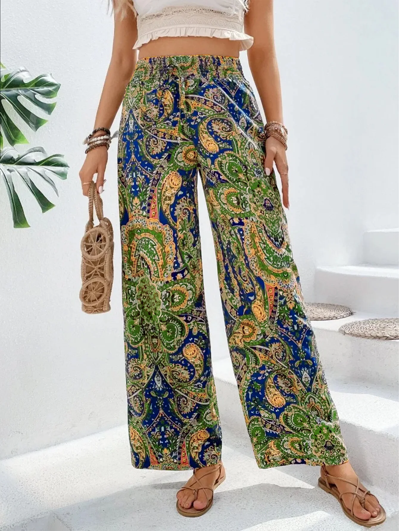 Summer Printing Wide Leg Pants for Women Straight Trouser New Fashion Elastic Waist Versatile Breathable Grace Ladies Streetwear