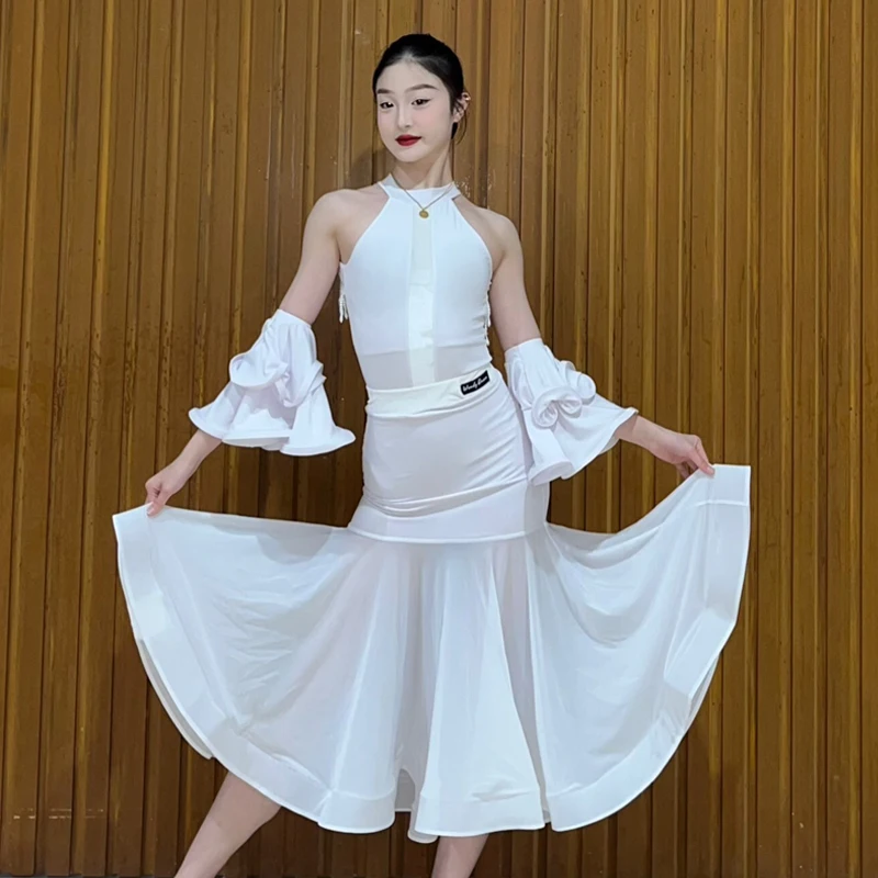 

White Ballroom Dance Performance Clothes Adults Samba Waltz Modern Dancing Dress Women Latin Dance Competition Wear SL9665