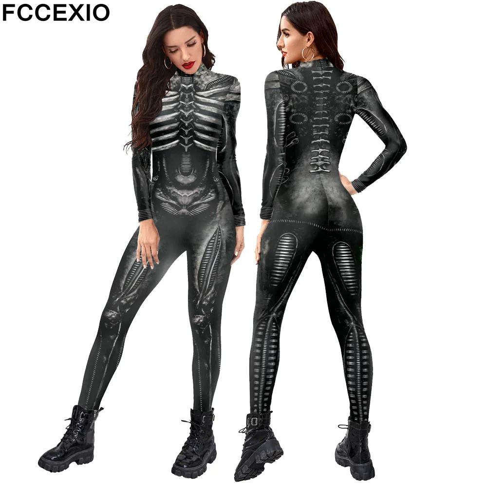 

FCCEXIO Muscular Skeleton Print Holiday Bodysuit Women Jumpsuit Carnival Party Stretch Casual Wear Cosplay Costume Sexy Jumpsuit