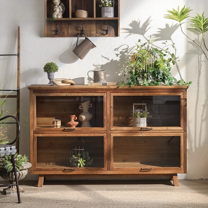 All solid wood log style retro dining side  pull-up glass door lattice tea room old tea cabinet storage