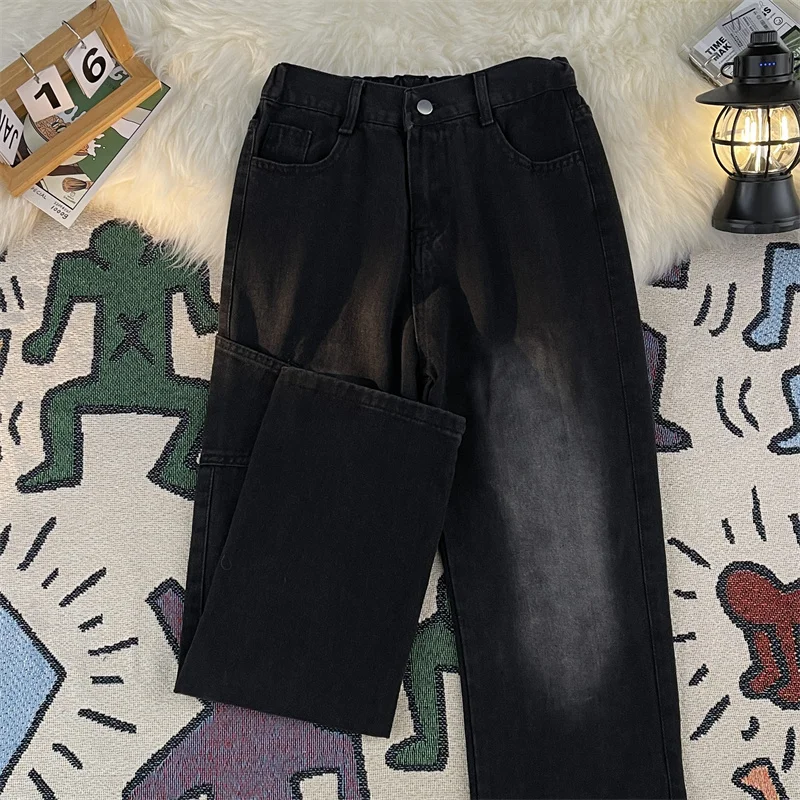 

Black Loose Straight Leg Jeans Men's Retro American Style Casual Wide Leg Pants for Students High Street Trend Youth Fashion