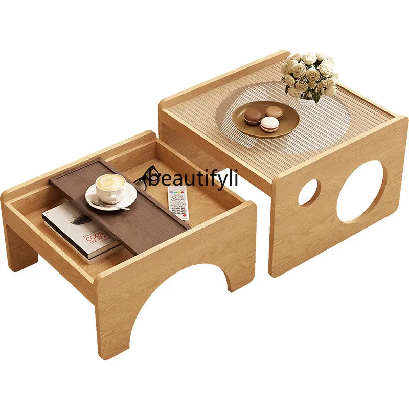 

Nordic Log Style Tea Table Solid Wood Small Apartment Living Room Home Changhong Glass Tea Table Combination