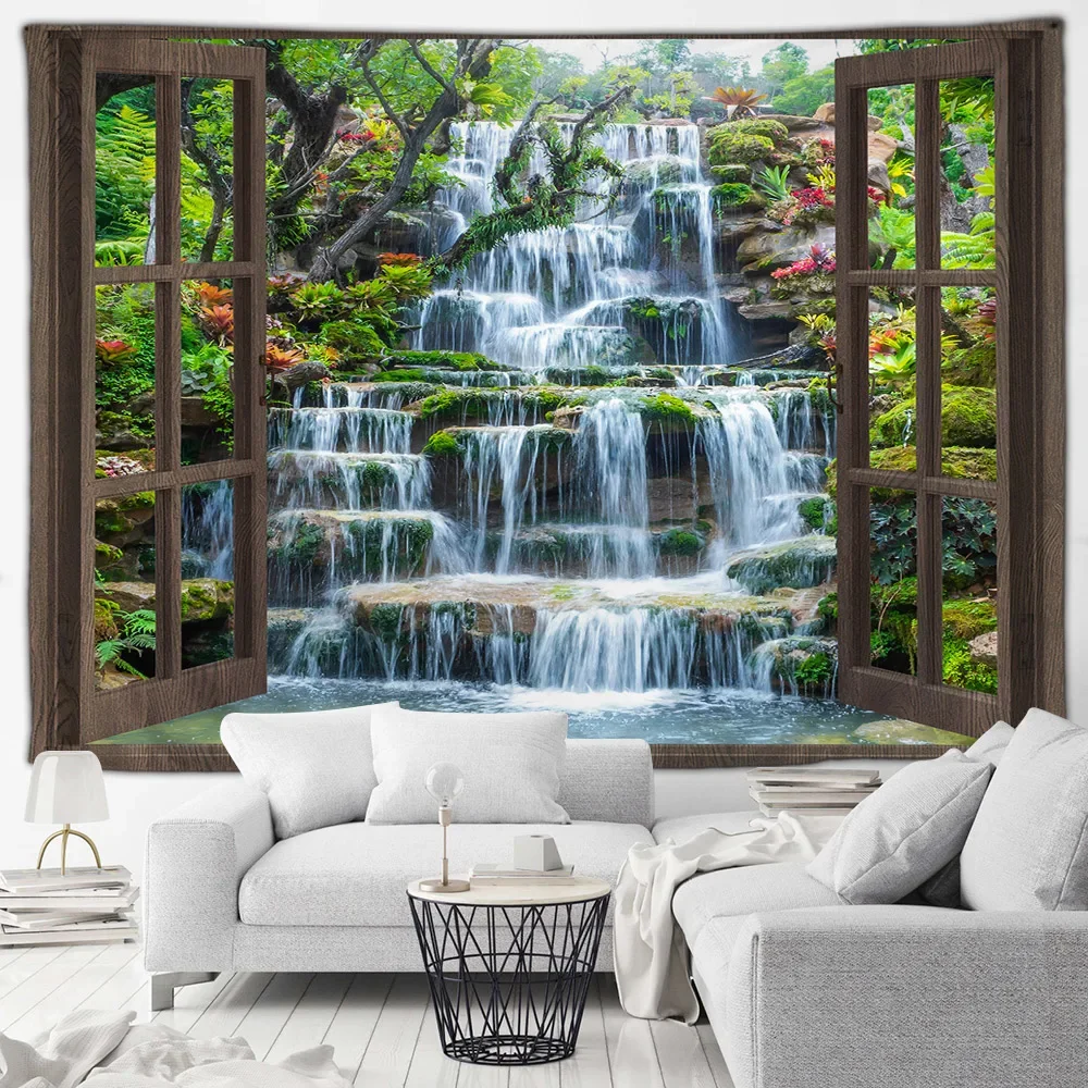 Tropical Waterfall Landscape Tapestry Zen Green Bamboo Ocean Beach Palm Trees Island Scenery Garden Wall Hanging Home Room Decor