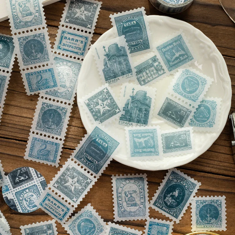 2.8x200cm Vintage Stamp Style Tape Stickers, Simulated Postage Stamp Washi Tape for Journal Scrapbook