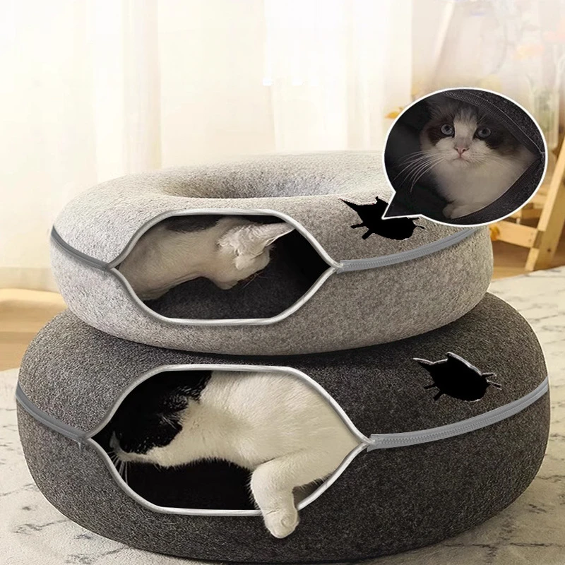 

Felt Donut Bed for Cats House With Breather Hole Dog Beds Interactive Play Toys for Cat to Hide 2 in 1 Tunnel