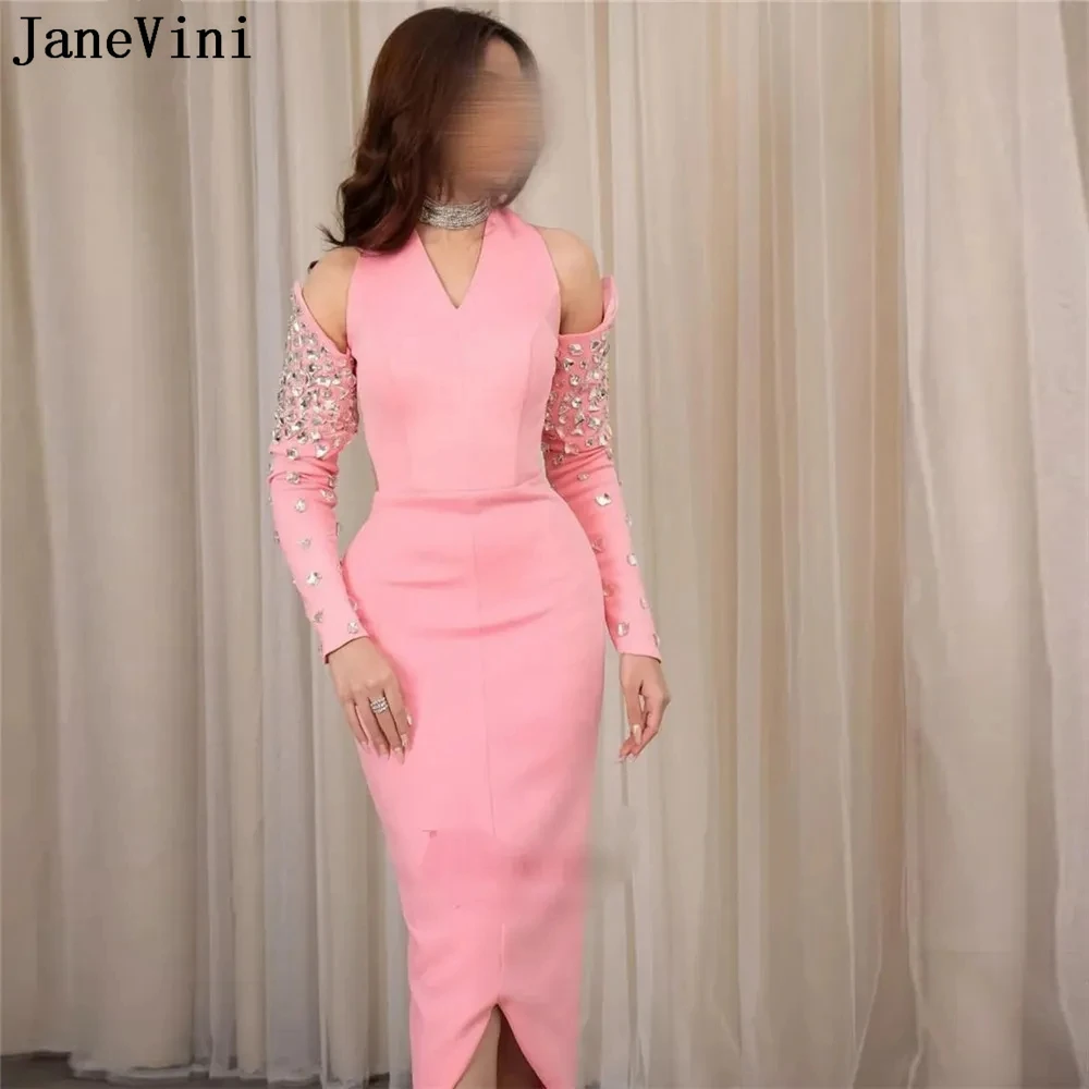 

JaneVini Arabic Pink Mermaid Bridesmaid Dress Luxury Crystal Tea-Length Halter Long Sleeves Wedding Party Special Occasion Gowns