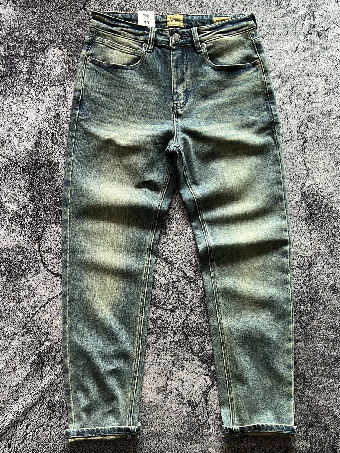 

Retro Faded Washed Blue Riff Rock Casual Style Jeans Cotton Stretch Fabric Four Seasons Straight Leg Slim Fit Long Pants
